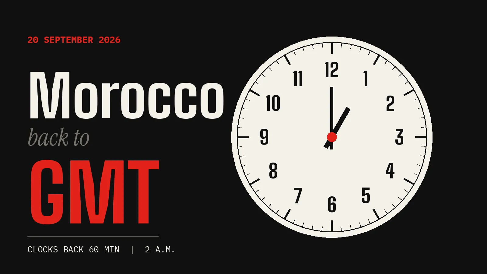 Clock face showing one o'clock beside the text Morocco back to GMT, 20 September 2026